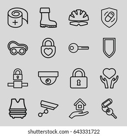 Protection icons set. set of 16 protection outline icons such as key, welding glasses, boot, heart on hand, lock, heart lock, health insurance, bandage, house insurance