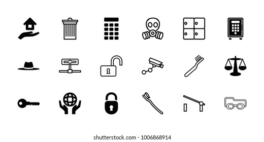 Protection icons. set of 18 editable filled and outline protection icons: key, scales, hat, holding globe, house insurance, intercom, barrier, luggage storage, toothbrush