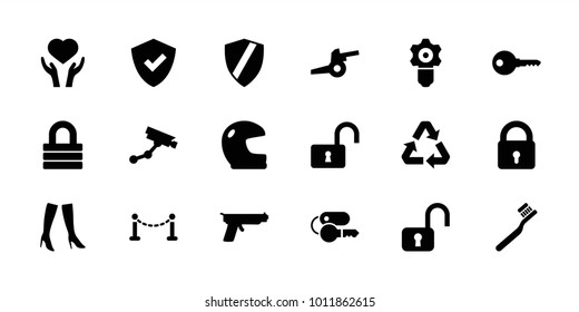 Protection icons. set of 18 editable filled protection icons: fence, lock, toothbrush, security camera, woman boots, shield, helmet, key, open lock, heart on hand