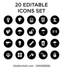 Protection icons. set of 20 editable filled protection icons such as trash bin, gloves, axe, scales, gear keyhole. best quality protection elements in trendy style.
