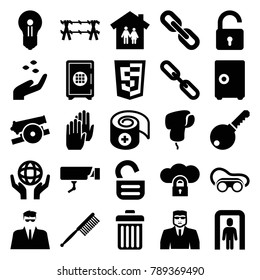 Protection icons. set of 25 editable filled protection icons such as hand with seeds, opened lock, security guy, toothbrush, welding glasses, family house, safe, holding globe