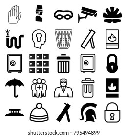 Protection icons. set of 25 editable filled and outline protection icons such as lock, umbrella, swimming glasses, water hose, fire protection, helmet, security camera, knight