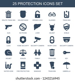 protection icons. Set of 25 filled protection icons included delete trash bin, welder mask, opened lock on white background. Editable protection icons for web, mobile and infographics.