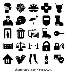 Protection icons set. set of 25 protection filled icons such as boot, fence, metal gate detector, lock, security guy, woman boots, gloves, welder mask, energy drink