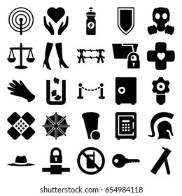 Protection icons set. set of 25 protection filled icons such as fence, no phone, trash bin, gloves, woman boots, energy drink, hat, safe, bandage, umbrella, knight, shield
