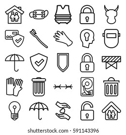 protection icons set. Set of 25 protection outline icons such as barrier, lock, opened lock, glove, gloves, welder mask, tooth brush, hands holding heart, medical mask