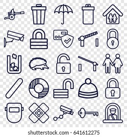 Protection icons set. set of 25 protection outline icons such as barrier, umbrella, trash bin, airport officer, lock, hedgehog, opened lock, security camera, winter hat