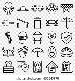 Protection icons set. set of 25 protection outline icons such as barrier, trash bin, airport officer, winter hat, gloves, lock, hat, heart on hand, medical mask, holding globe