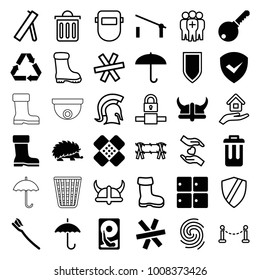 Protection icons. set of 36 editable filled and outline protection icons such as barrier, luggage storage, umbrella, tooth brush, bandage, bin, hard disc, shield, helmet