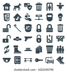 Protection icons. set of 36 editable filled protection icons such as scarecrow, trash bin, barrier, safe, lock, opened lock, welder mask, card protection, family house