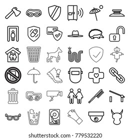 Protection icons. set of 36 editable outline protection icons such as barrier, metal gate detector, hedgehog, toothbrush, axe, welder mask, card protection, security camera