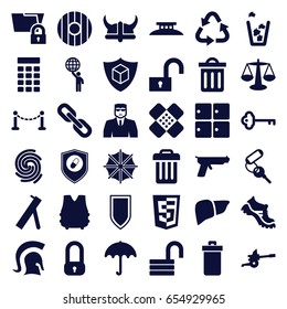 Protection icons set. set of 36 protection filled icons such as fence, umbrella, trash bin, luggage storage, security guy, key, recycle, boot, opened lock, liver