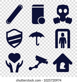 Protection icons. set of 9 editable filled protection icons such as security camera, heart on hand, keep dry cargo, bandage, lock home, gas mask, metal gate detector