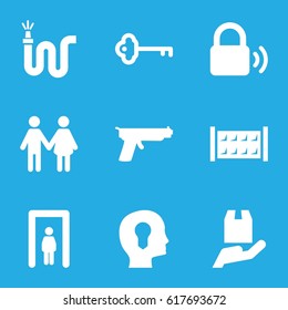 Protection icons set. set of 9 protection filled icons such as fence, metal gate detector, water hose, cargo protection, key, lock, gun, head with keyhole