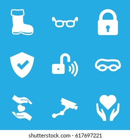 Protection icons set. set of 9 protection filled icons such as boot, lock, Security camera, hands holding heart, opened security lock, glasses, shield, hand with heart