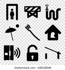 Protection icons set. set of 9 protection filled icons such as barrier, metal gate detector, opened lock, water hose, tooth brush, lock home, intercom
