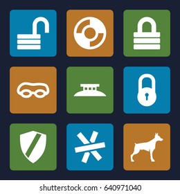 Protection icons set. set of 9 protection filled icons such as dog, lock, opened lock, lifebuoy, wire fence, shield