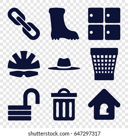 Protection icons set. set of 9 protection filled icons such as luggage storage, boot, opened lock, trash bin, hat, delete trash bin, lock home, helmet