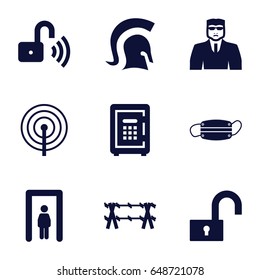 Protection icons set. set of 9 protection filled icons such as metal gate detector, security guy, safe, medical mask, opened security lock, knight, wire fence
