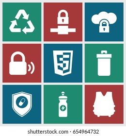 Protection icons set. set of 9 protection filled icons such as trash bin, energy drink, health insurance, recycle, lock, bulletproof vest, cloud protection