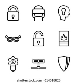 Protection icons set. set of 9 protection outline icons such as lock, opened lock, winter hat, fire protection, keyhole in head, glasses, gear keyhole, shield