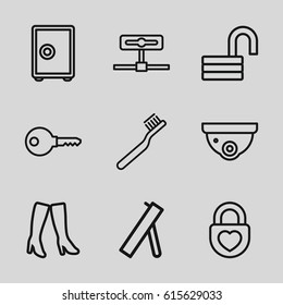 Protection icons set. set of 9 protection outline icons such as toothbrush, security camera, woman boots, opened lock, heart lock, cannon, safe, key