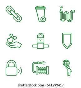 Protection icons set. set of 9 protection outline icons such as trash bin, water hose, hand holding heart, lock, chain, shield