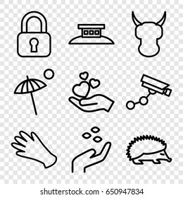 Protection icons set. set of 9 protection outline icons such as hedgehog, hand with seeds, gloves, security camera, hand holding heart, umbrella, wire fence, lock