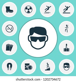 Protection icons set with boot, slippery area, hand protection radiation elements. Isolated vector illustration protection icons.