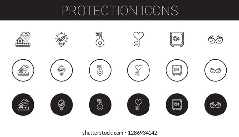 protection icons set. Collection of protection with flood, renewable energy, key, safebox, eyeglasses. Editable and scalable protection icons.