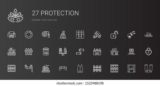 protection icons set. Collection of protection with lockers, fence, vest, eye mask, flood, safebox, dog house, castle, glove, scale, trash. Editable and scalable protection icons.