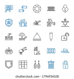 protection icons set. Collection of protection with padlock, trash, boxing, locker, security, hat, fence, toothbrush, cannon, eye mask. Editable and scalable protection icons.