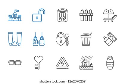 protection icons set. Collection of protection with sleeping bag, flood, high voltage, key, eyeglasses, sun lotion, trash, padlock, boxing glove. Editable and scalable protection icons.