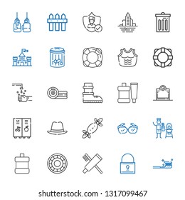 protection icons set. Collection of protection with tooth brush, padlock, toothpaste, shield, mouthwash, fire extinguisher, eyeglasses. Editable and scalable protection icons.