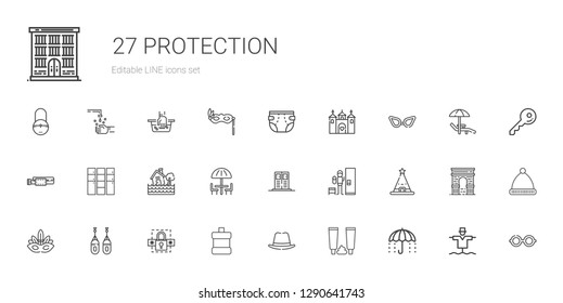 protection icons set. Collection of protection with umbrella, toothpaste, hat, mouthwash, password, boxing, eye mask, locker, flood, belt. Editable and scalable protection icons.