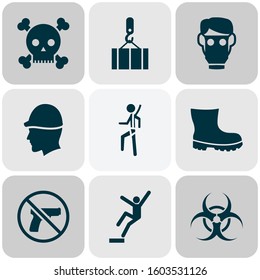 Protection icons set with downfall, forbidden, overhead crane and other footwear elements. Isolated vector illustration protection icons.
