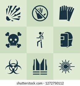 Protection icons set with explosive, caution, hand protection nuclear elements. Isolated vector illustration protection icons.