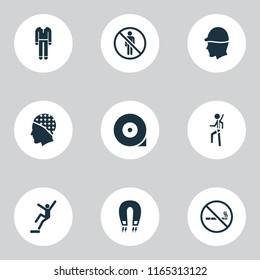 Protection icons set with hat, strong magnetic field, stop and other do not enter elements. Isolated vector illustration protection icons.