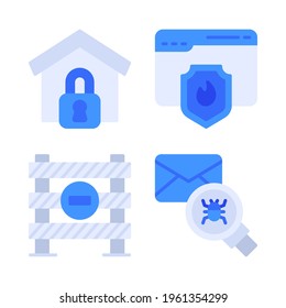 Protection Icons Set = Home Locked, Web Firewall, Road Block, Seach Virus. Perfect For Website Mobile App, App Icons, Presentation, Illustration And Any Other Projects.