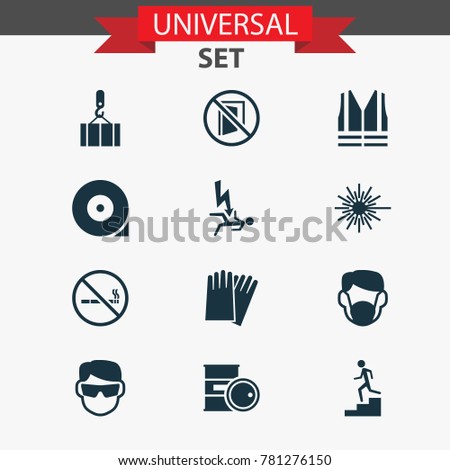 Protection icons set with lifesaver, lifting, risk and other cigarette forbidden elements. Isolated vector illustration protection icons.