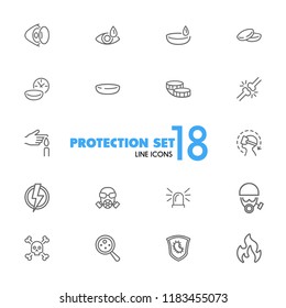 Protection icons. Set of  line icons. Contact lens, respirator, radiation hazard. Caution concept. Vector illustration can be used for topics like ophthalmology, danger, epidemic.