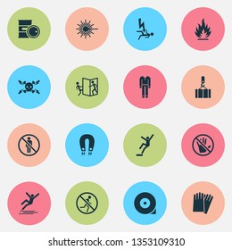 Protection icons set with overhead crane, strong magnetic field, electrocution hazard and other fire elements. Isolated vector illustration protection icons.