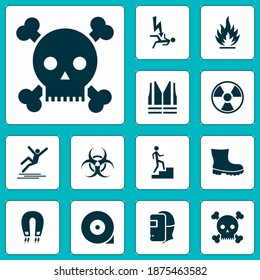 Protection icons set with step up, icy surface, strong magnetic field and other welding mask elements. Isolated vector illustration protection icons.