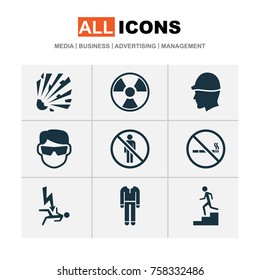 Protection Icons Set With Uniform, Do Not Enter, Cigarette Forbidden And Other Bomb Elements. Isolated Vector Illustration Protection Icons.