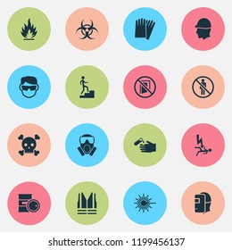 Protection icons set with welder, hand protection, keep door closed laser beam elements. Isolated vector illustration protection icons.
