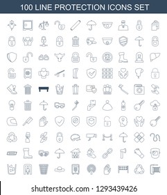 protection icons. Trendy 100 protection icons. Contain icons such as water hose, recycle, fence, glove, lock, safe, hat, trash bin, metal gate detector. protection icon for web and mobile.