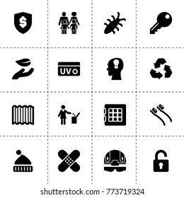 Protection icons. vector collection filled protection icons. includes symbols such as leaf in hand, safe, toothbrush, woman with garbage. use for web, mobile and ui design.