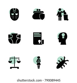 Protection icons. vector collection filled protection icons set.. includes symbols such as sertificate, woman with garbage, bug, diaper. use for web, mobile and ui design.