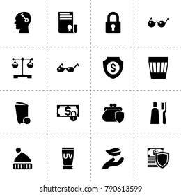 Protection icons. vector collection filled protection icons. includes symbols such as leaf in hand, sertificate, money shield, trash bin. use for web, mobile and ui design.