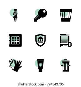 Protection icons. vector collection filled protection icons set.. includes symbols such as safe, trash bin, gloves. use for web, mobile and ui design.